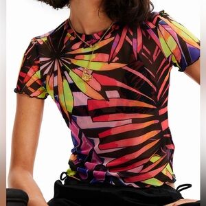 Desigual Short Tropical Tulle Abstract Sheer Women's Top cropped stretch Sz M